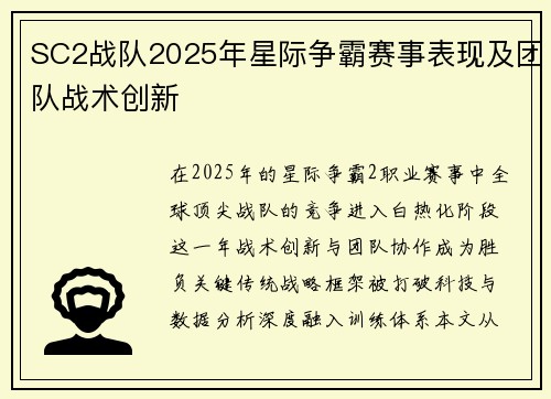 SC2战队2025年星际争霸赛事表现及团队战术创新